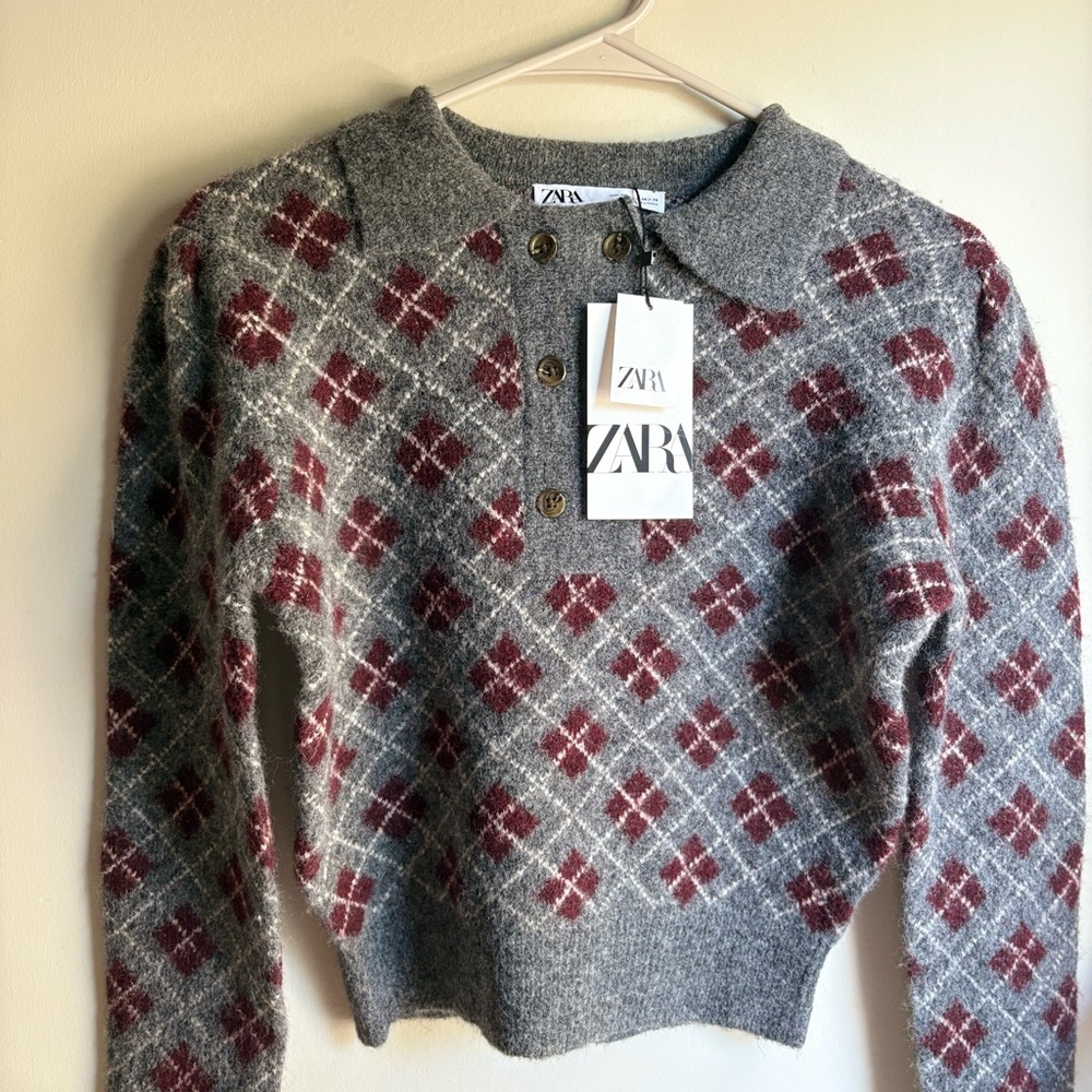 Zara Gray and Red Argyle Knit Sweater